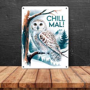 Chill mal Metallschild in 15x20 cm Schneeeule auf Ast