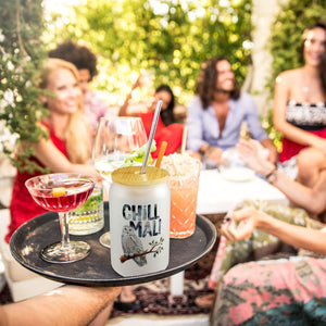 Entspannte Schneeeule Chill mal Trinkglas mit Bambusdeckel