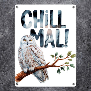 Entspannte Schneeeule Chill mal Metallschild in 15x20 cm