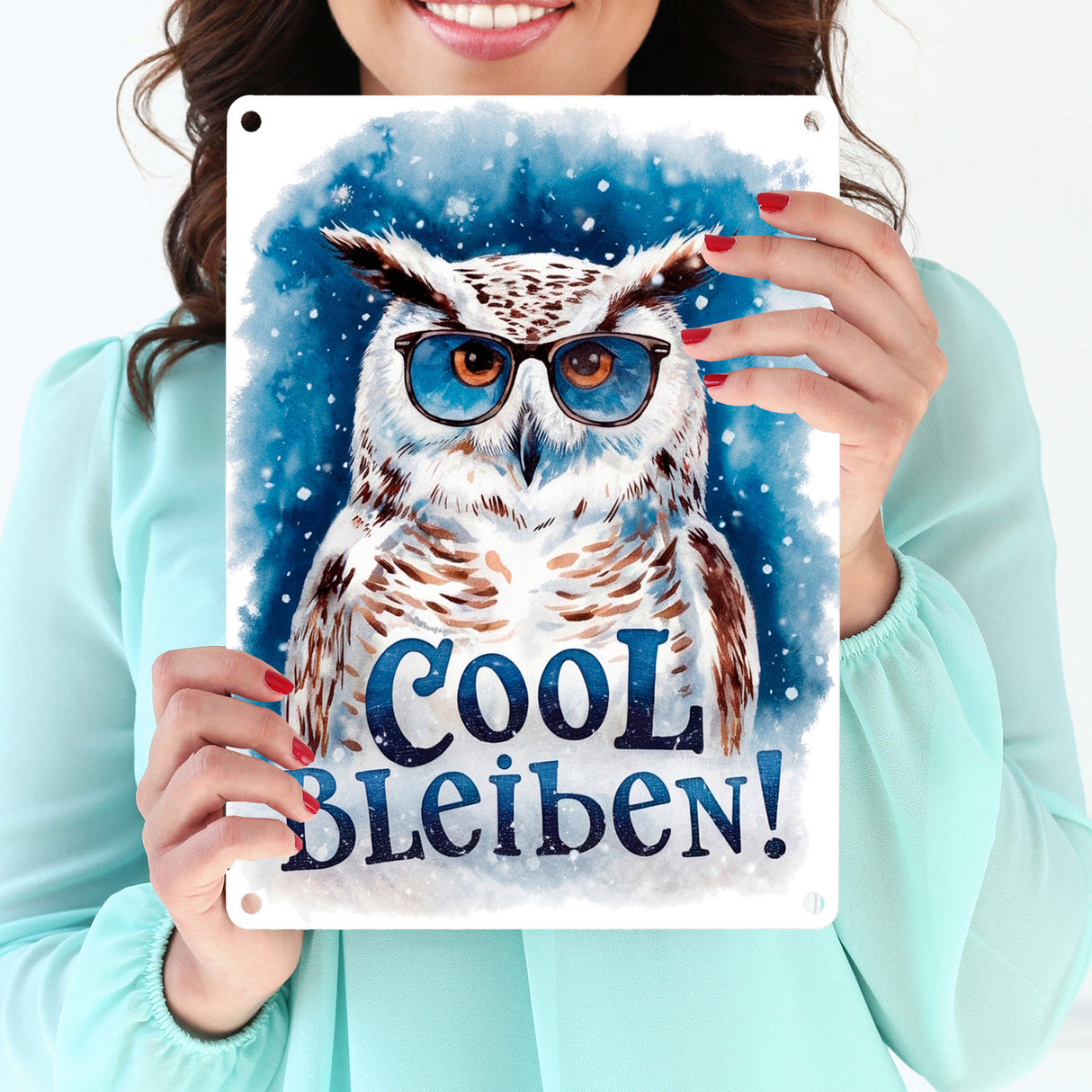 Cool bleiben Metallschild in 15x20 cm Schneeeule mit Sonnenbrille