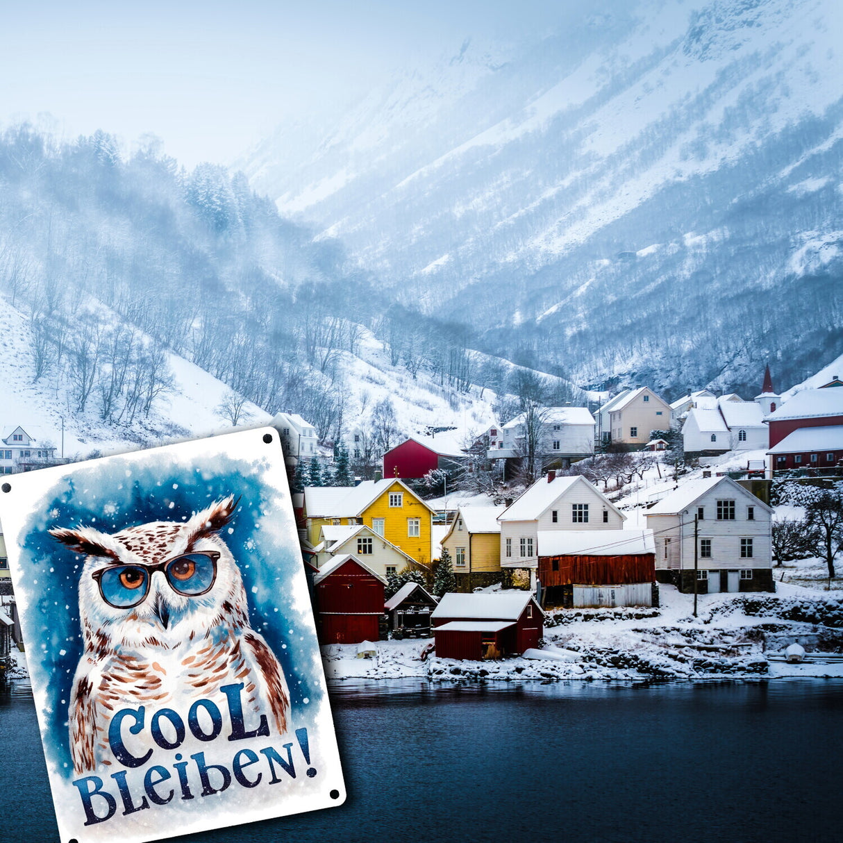 Cool bleiben Metallschild in 15x20 cm Schneeeule mit Sonnenbrille