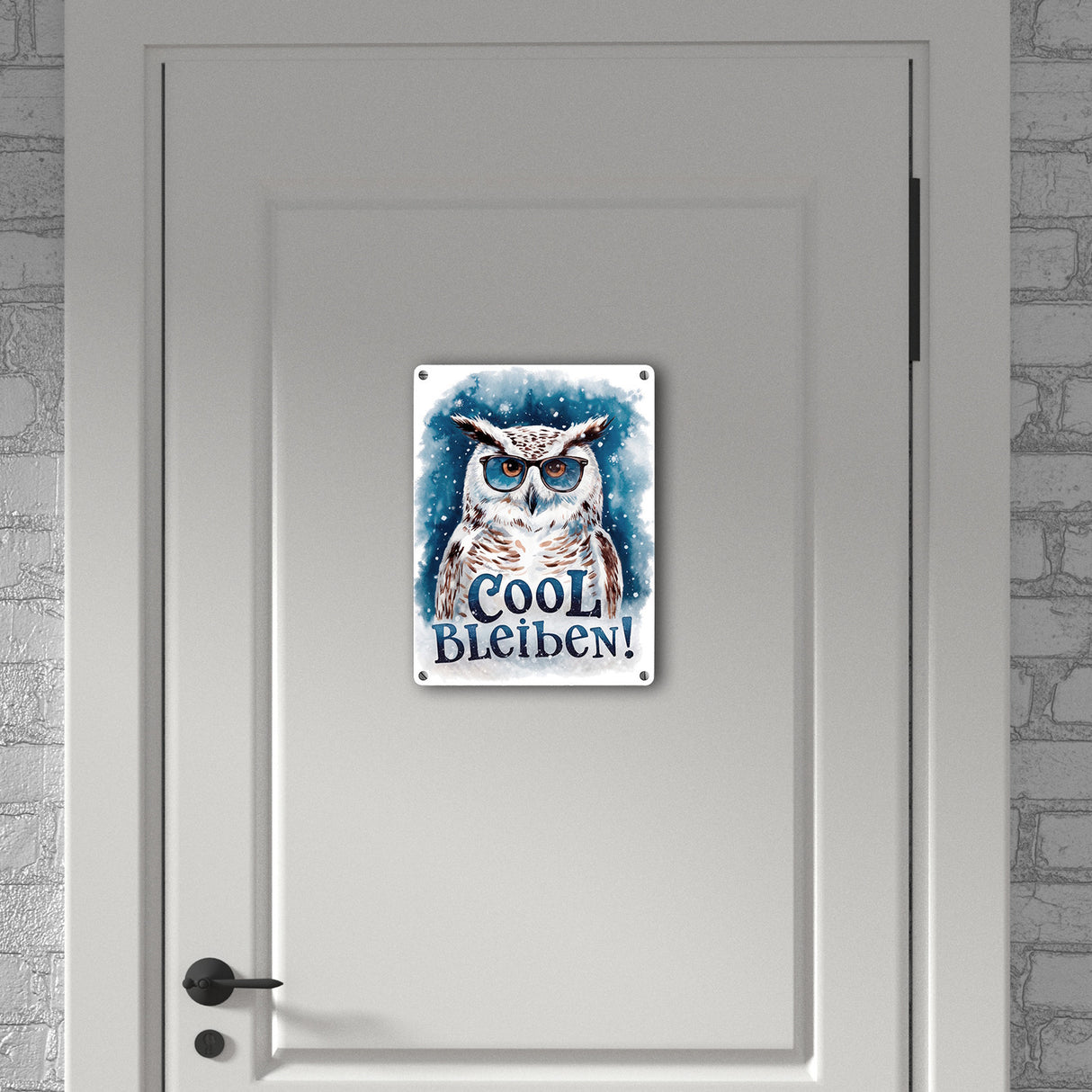 Cool bleiben Metallschild in 15x20 cm Schneeeule mit Sonnenbrille
