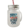Surfer auf Welle Keep Calm and surf on Trinkglas mit Bambusdeckel