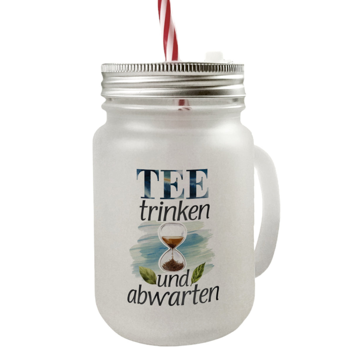 Sanduhr mit Teeblättern Trinkglas mit Bambusdeckel Tee trinken und abwarten