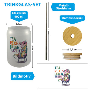 Tea rexes lieben Teezeit Trinkglas mit Bambusdeckel