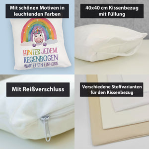 Lächelndes Einhorn Kissen Hinter jedem Regenbogen
