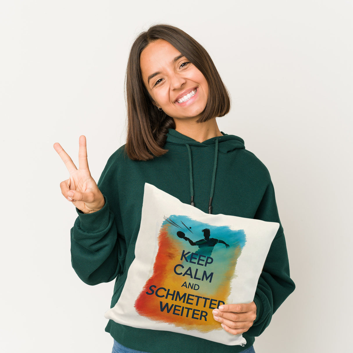 Tischtennisspieler in Aktion Kissen Keep Calm und Schmetter weiter