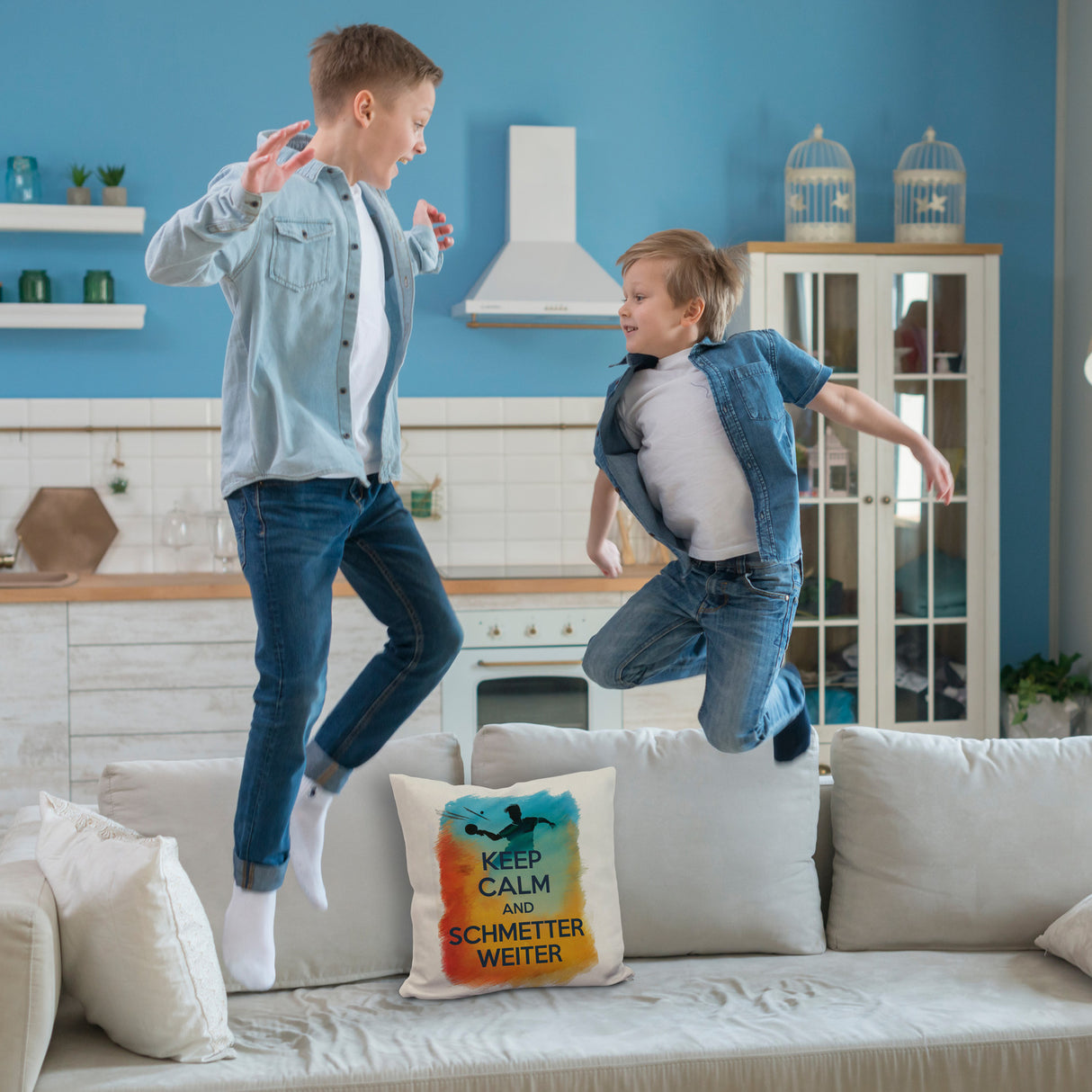 Tischtennisspieler in Aktion Kissen Keep Calm und Schmetter weiter