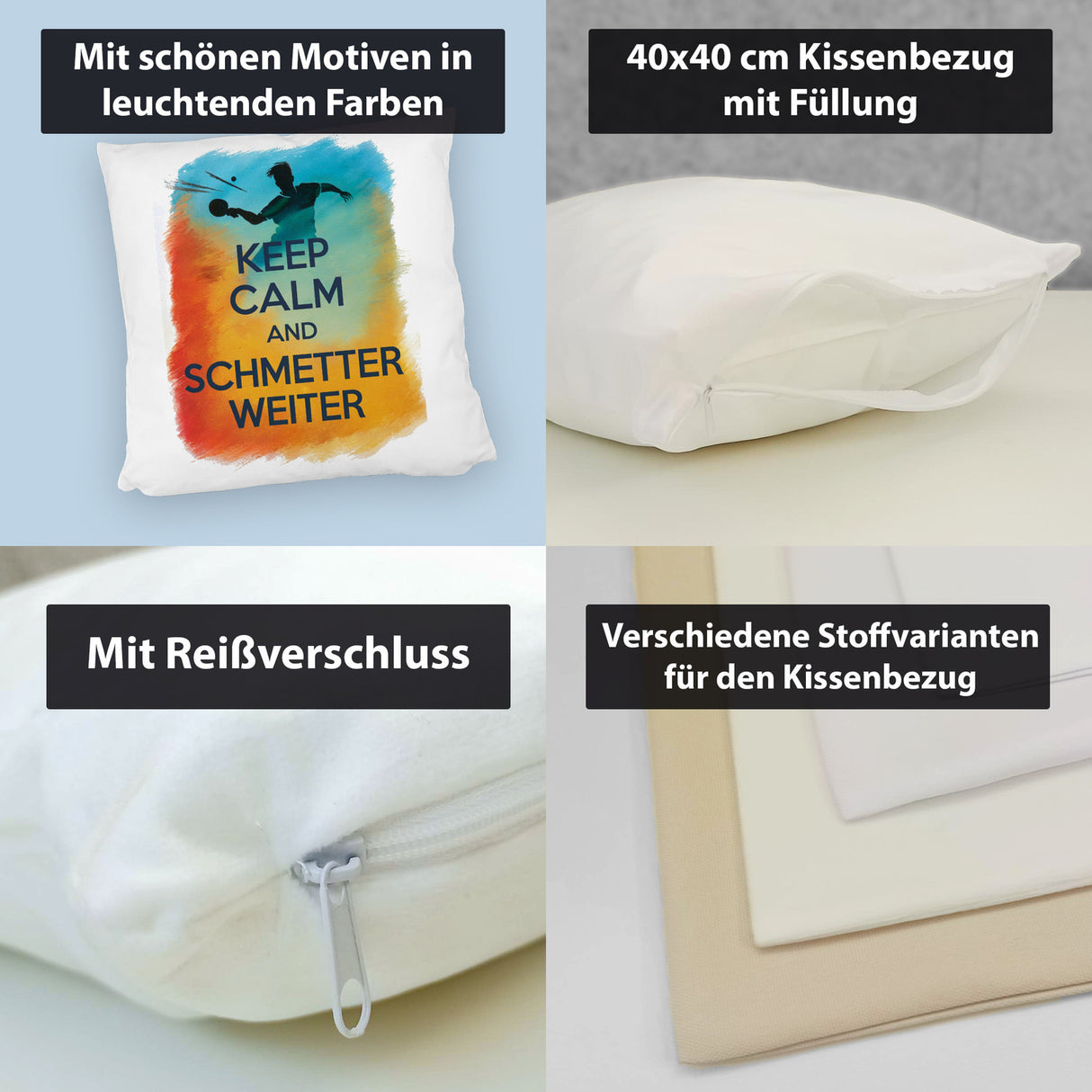Tischtennisspieler in Aktion Kissen Keep Calm und Schmetter weiter