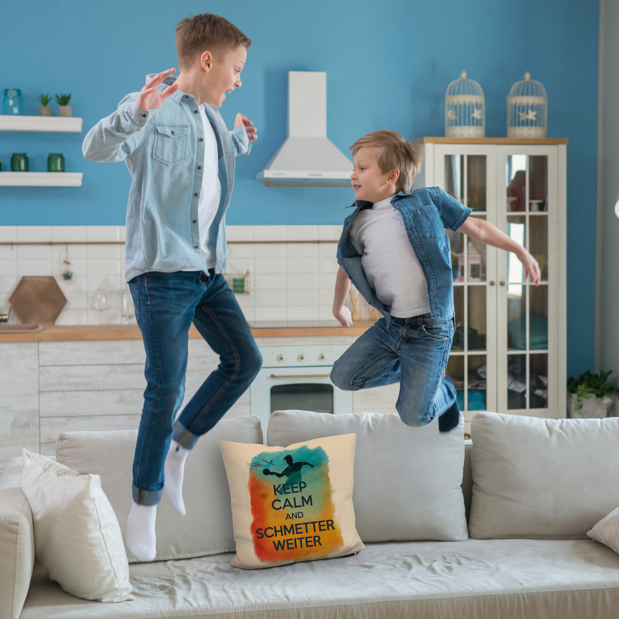 Tischtennisspieler in Aktion Kissen Keep Calm und Schmetter weiter