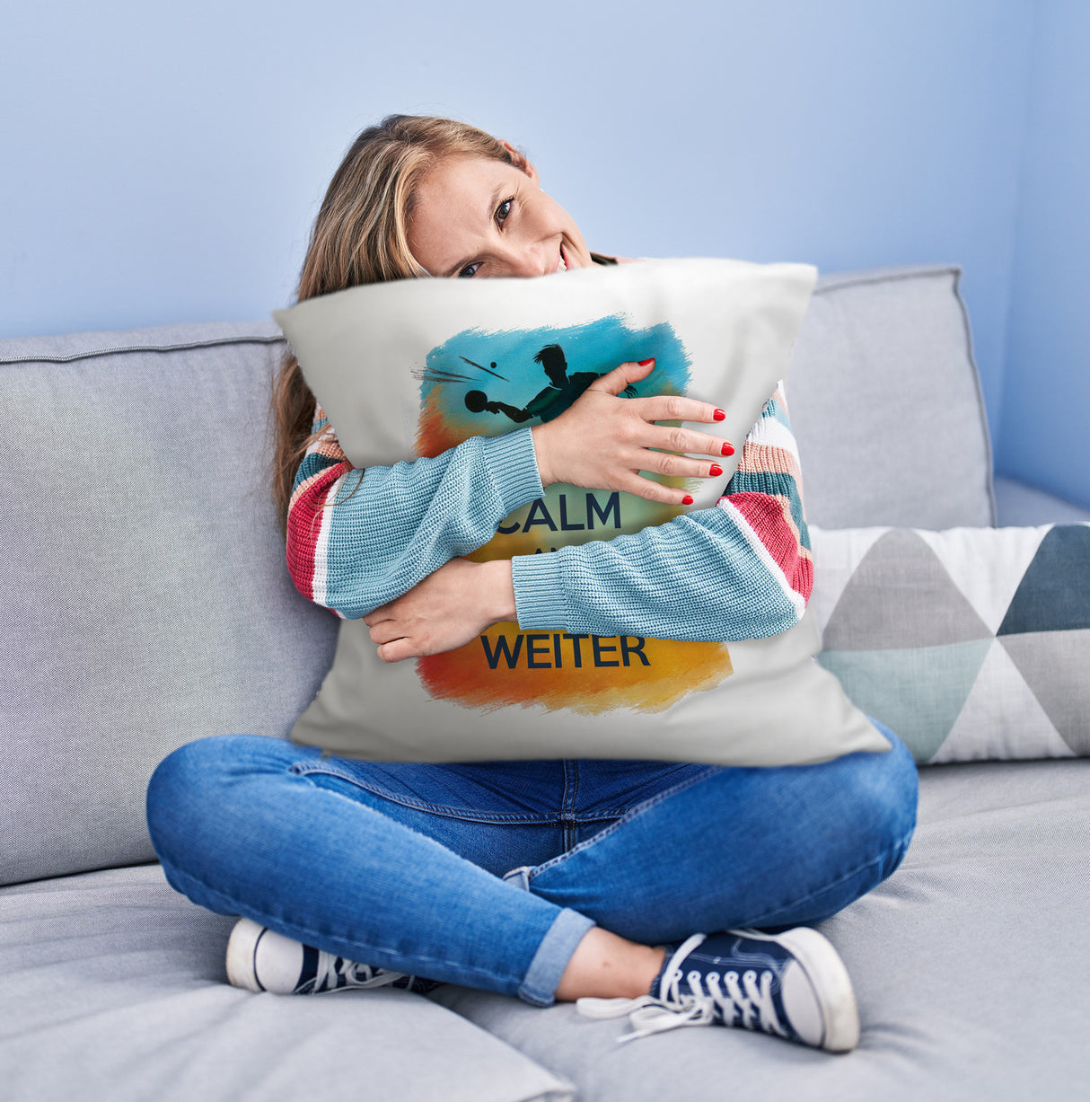 Tischtennisspieler in Aktion Kissen Keep Calm und Schmetter weiter