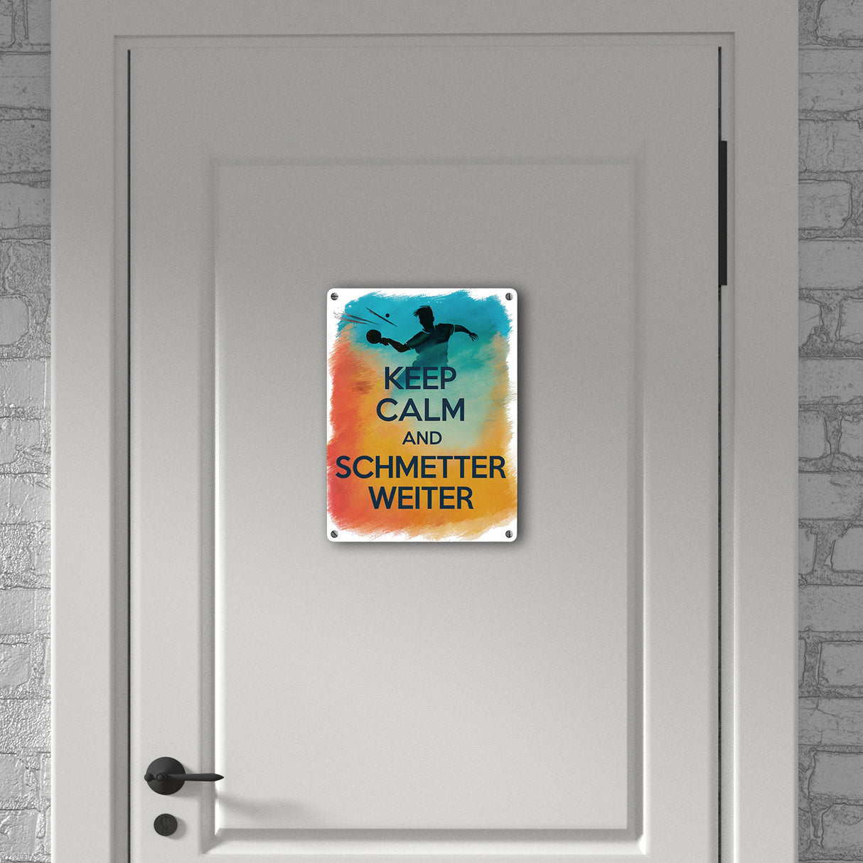 Tischtennisspieler in Aktion Metallschild in 15x20 cm Keep Calm und Schmetter weiter