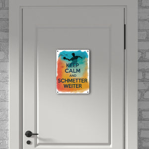 Tischtennisspieler in Aktion Metallschild in 15x20 cm Keep Calm und Schmetter weiter