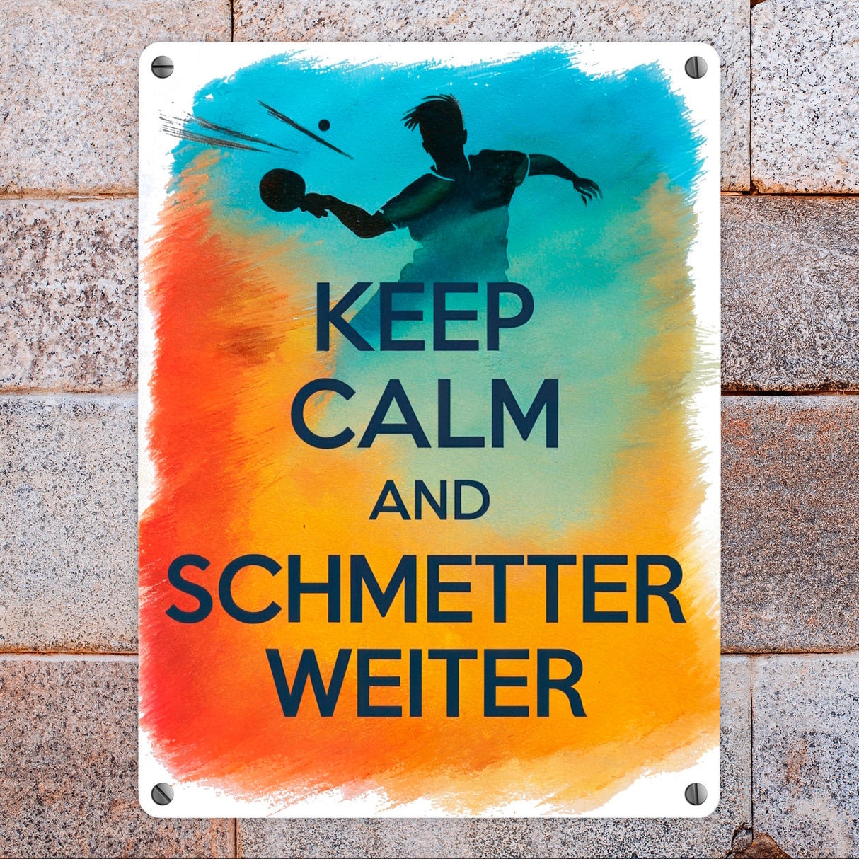 Tischtennisspieler in Aktion Metallschild in 15x20 cm Keep Calm und Schmetter weiter