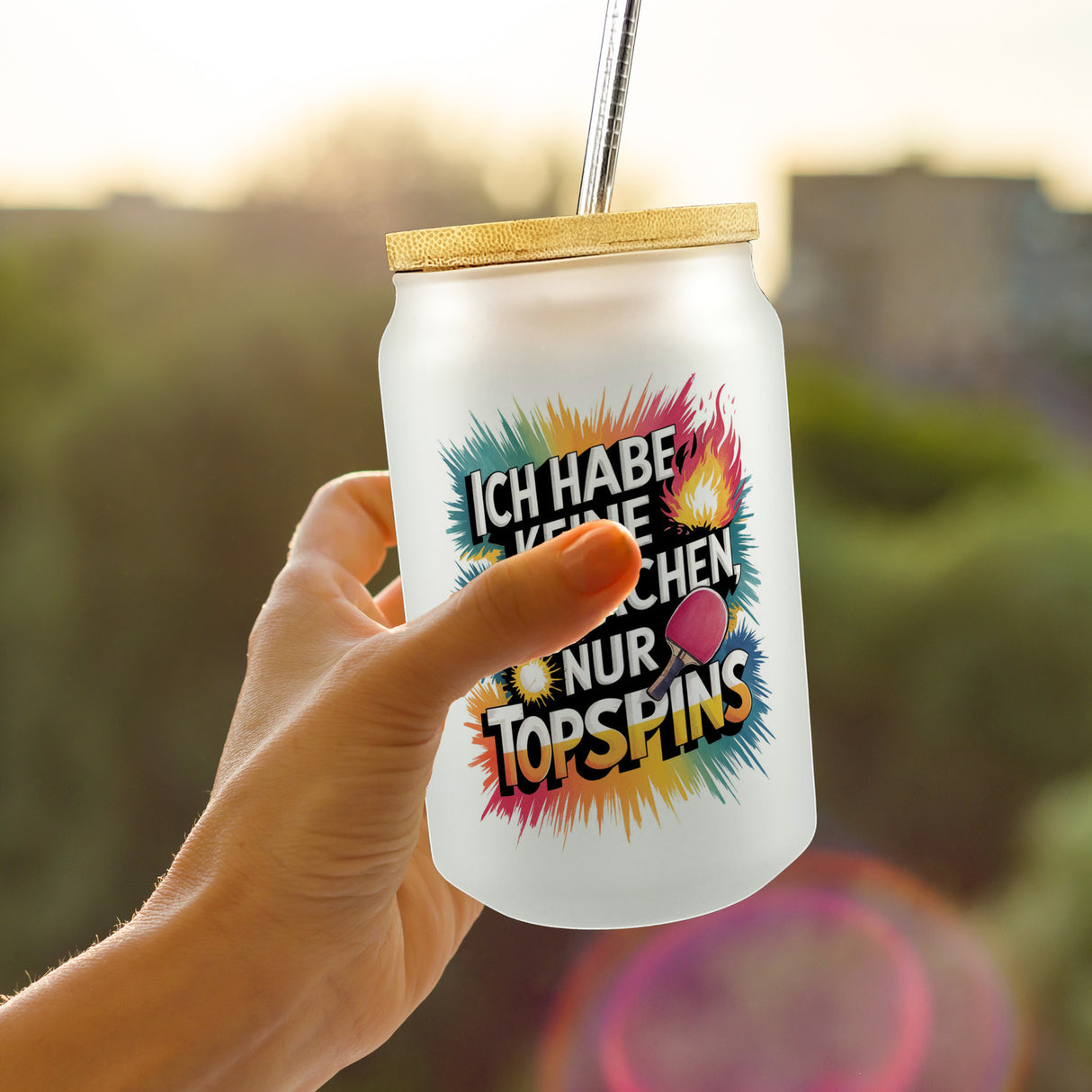 Keine Schwächen, nur Topspins Trinkglas mit Bambusdeckel Tischtennisschläger und Ball