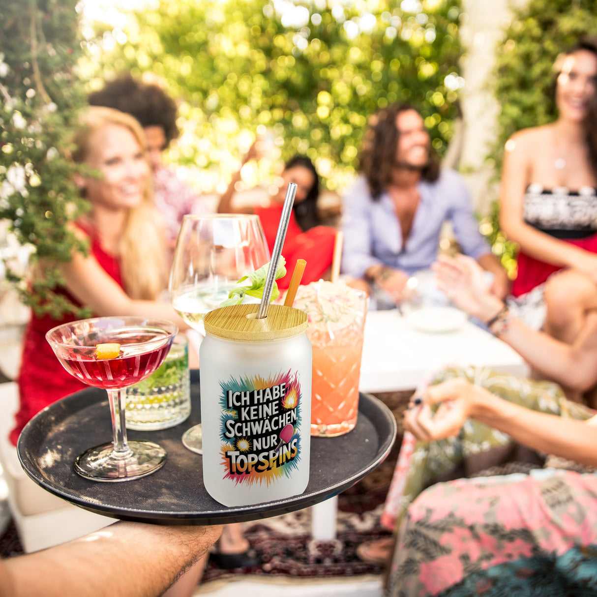 Keine Schwächen, nur Topspins Trinkglas mit Bambusdeckel Tischtennisschläger und Ball