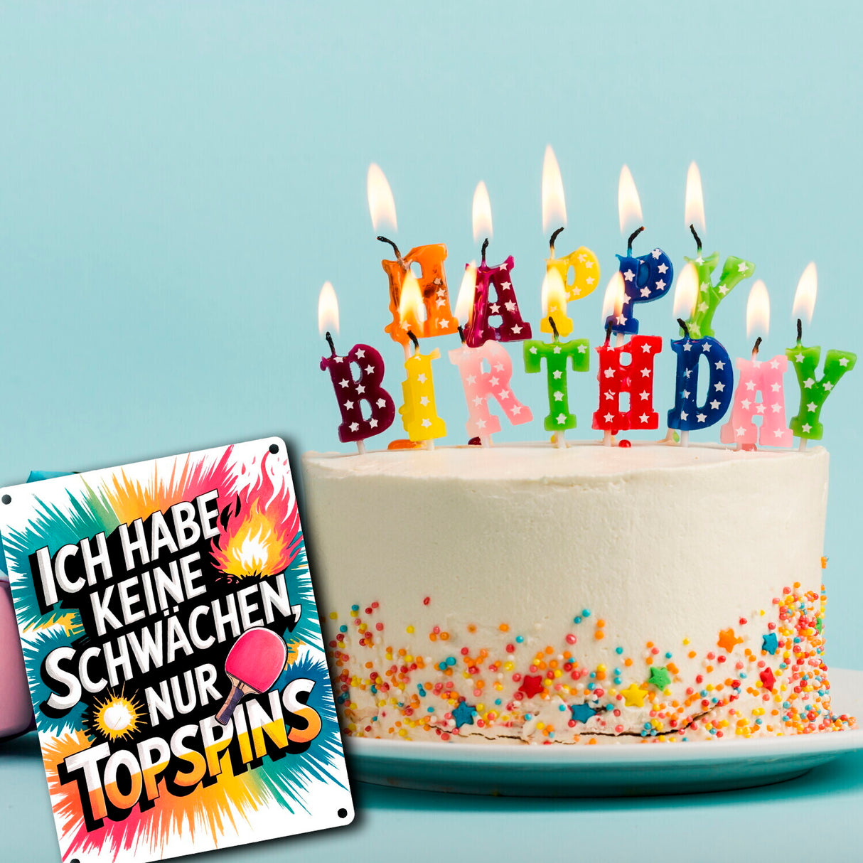 Keine Schwächen, nur Topspins Metallschild in 15x20 cm Tischtennisschläger und Ball
