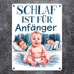 Schlaf ist für Anfänger Metallschild in 15x20 cm Baby in Windeln