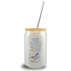 Einhorn mit Regenbogenmähne Trinkglas mit Bambusdeckel Bleib magisch, glitzer weiter
