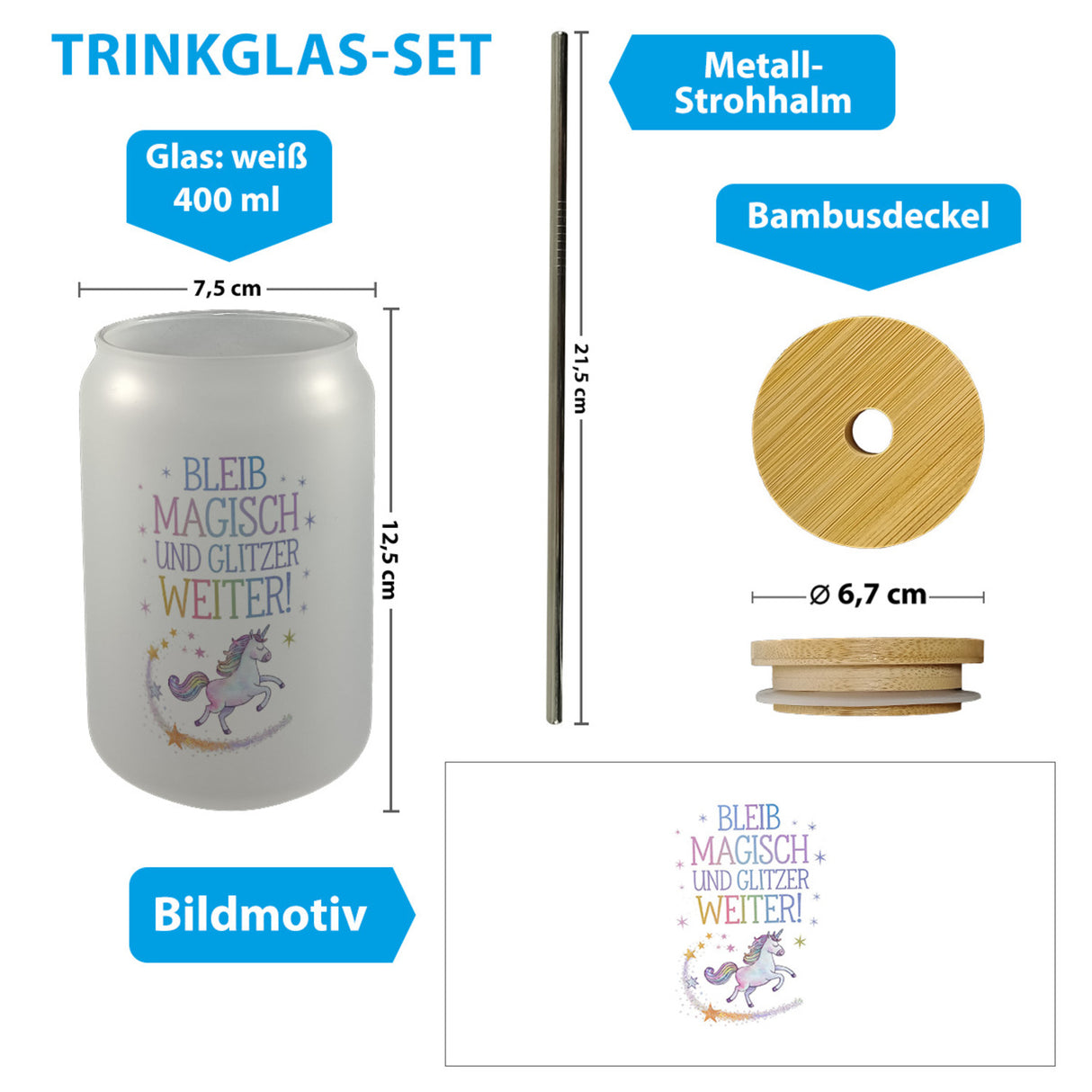 Einhorn mit Regenbogenmähne Trinkglas mit Bambusdeckel Bleib magisch, glitzer weiter