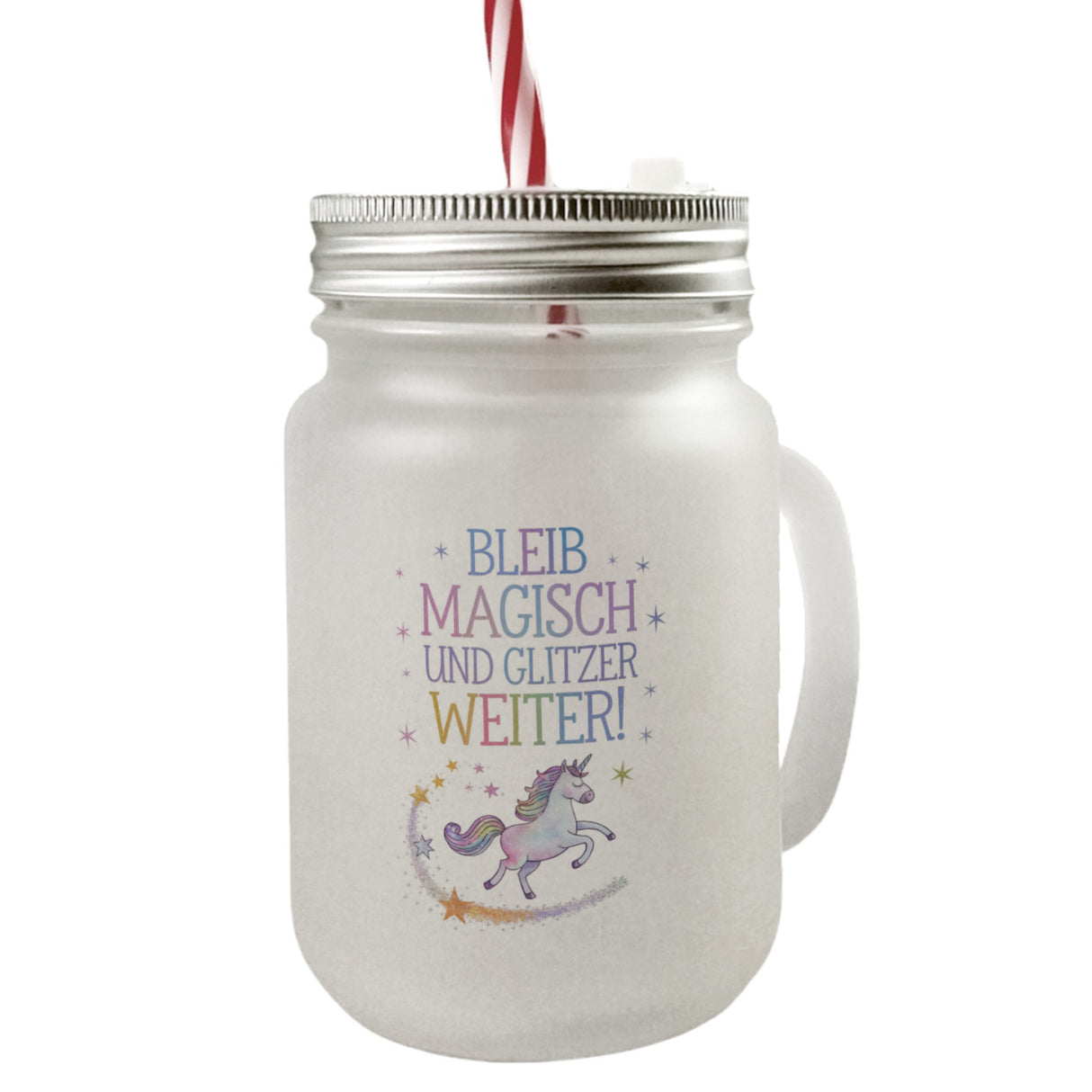 Einhorn mit Regenbogenmähne Trinkglas mit Bambusdeckel Bleib magisch, glitzer weiter