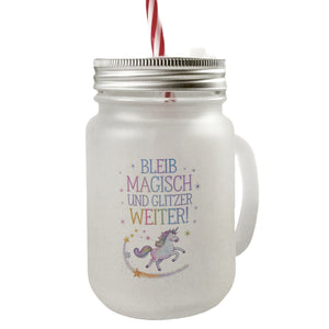 Einhorn mit Regenbogenmähne Trinkglas mit Bambusdeckel Bleib magisch, glitzer weiter