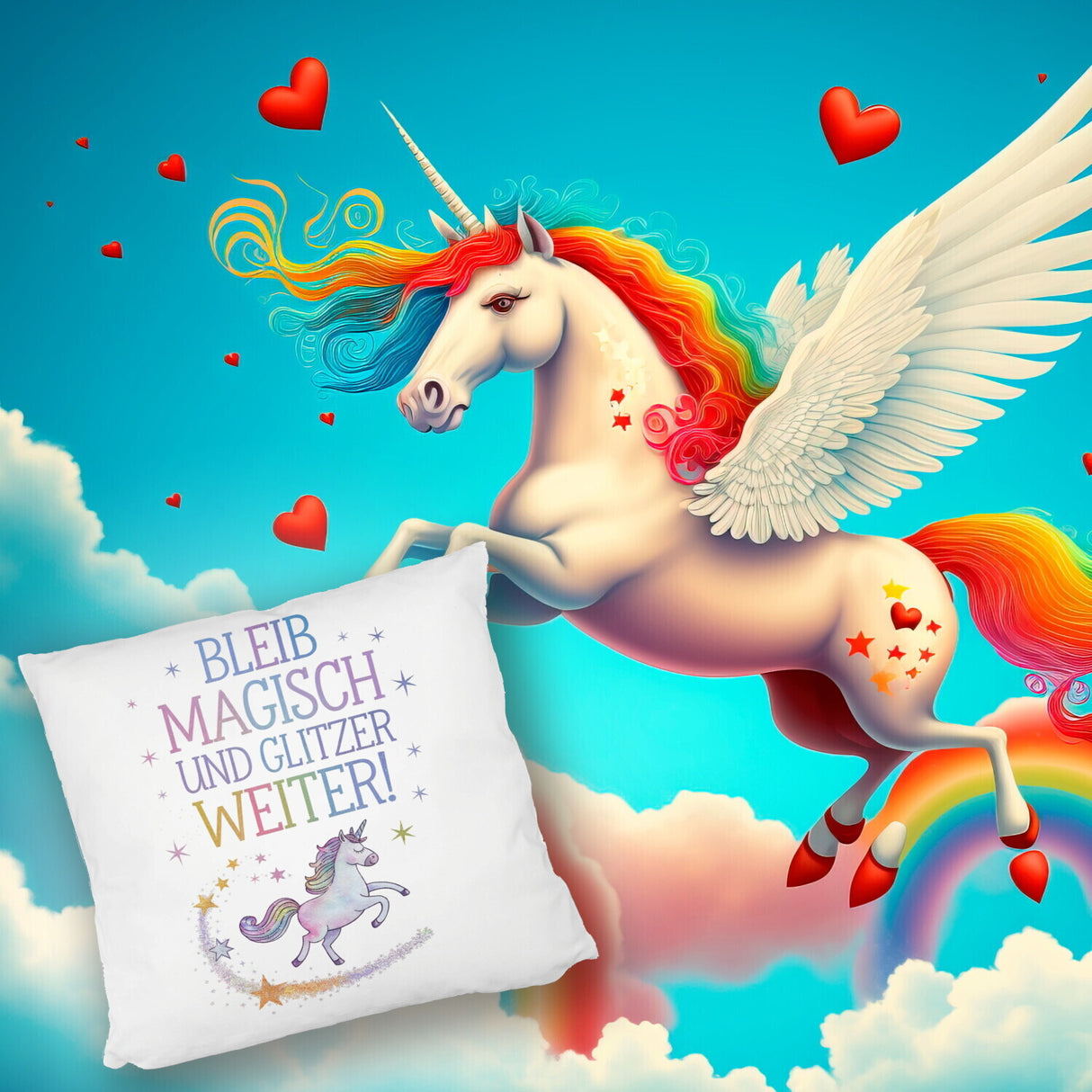 Einhorn mit Regenbogenmähne Kissen Bleib magisch, glitzer weiter
