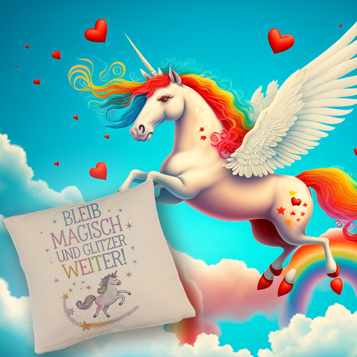 Einhorn mit Regenbogenmähne Kissen Bleib magisch, glitzer weiter