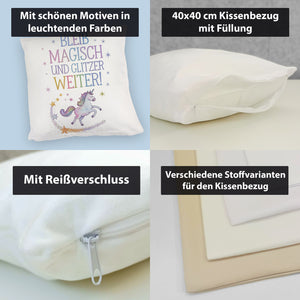 Einhorn mit Regenbogenmähne Kissen Bleib magisch, glitzer weiter