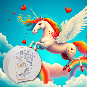 Einhorn mit Regenbogenmähne Spardose Bleib magisch, glitzer weiter