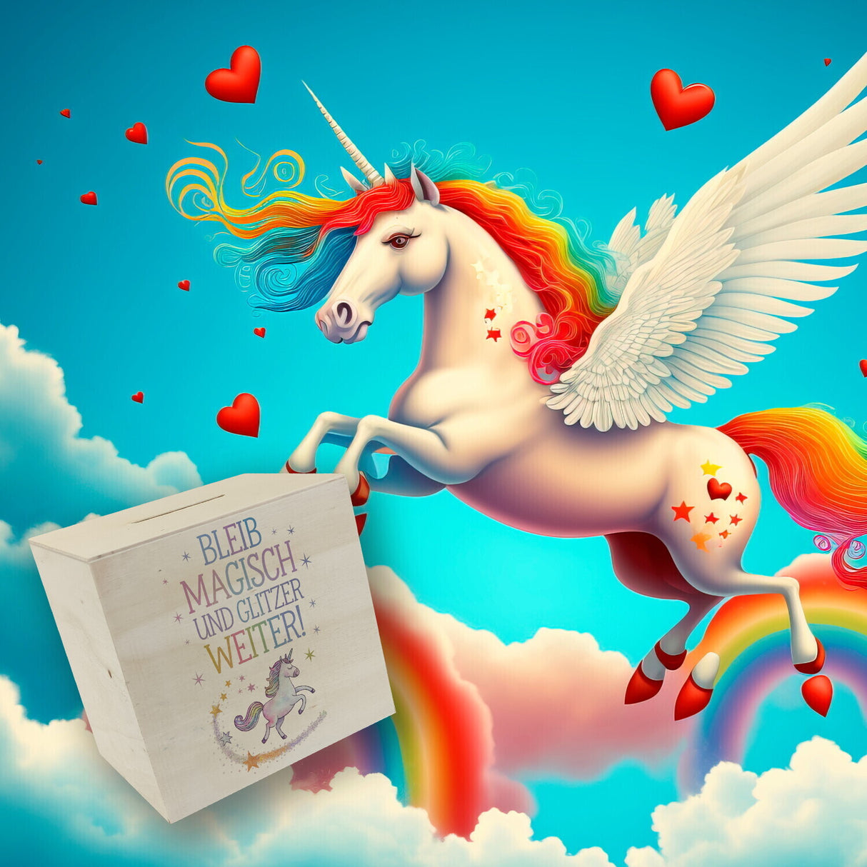 Einhorn mit Regenbogenmähne Spardose Bleib magisch, glitzer weiter