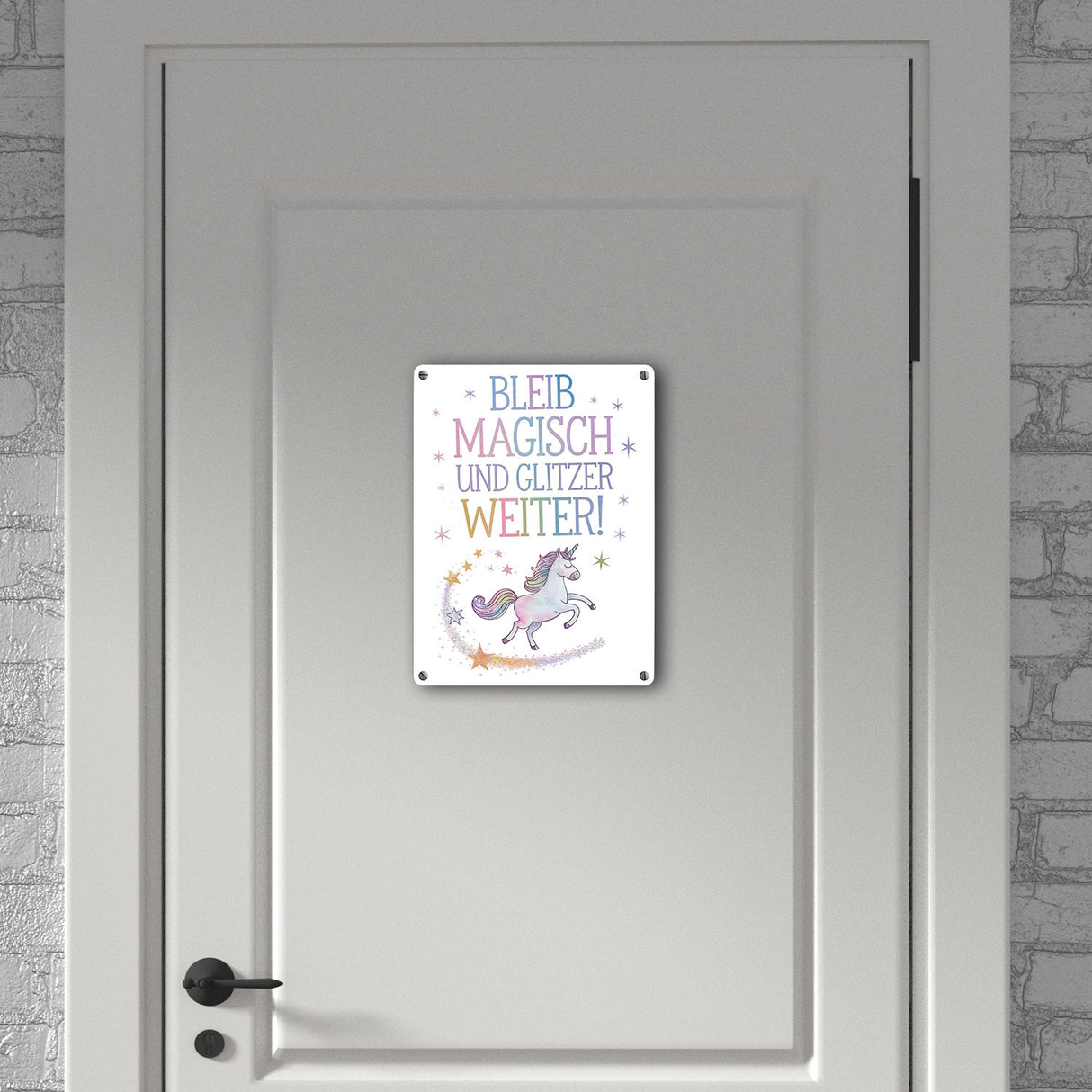 Einhorn mit Regenbogenmähne Metallschild in 15x20 cm Bleib magisch, glitzer weiter