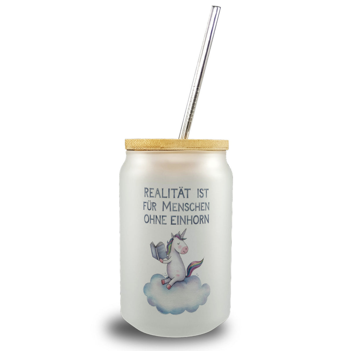 Realität ist für Menschen ohne Einhorn Trinkglas mit Bambusdeckel