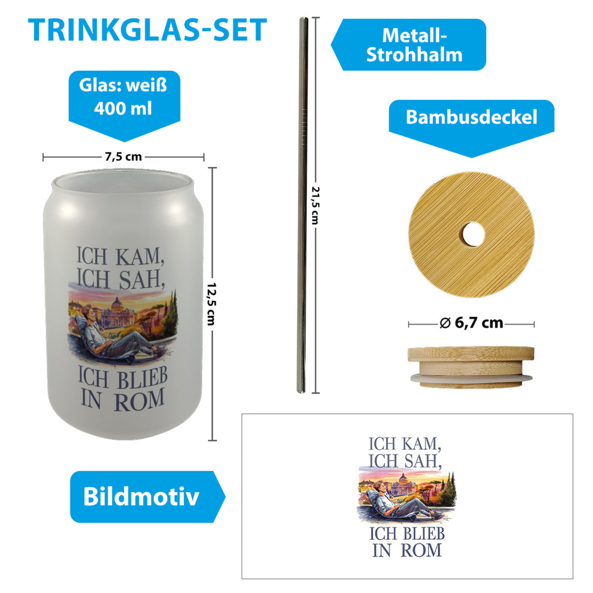 Ich kam, ich sah, ich blieb in Rom Trinkglas mit Bambusdeckel