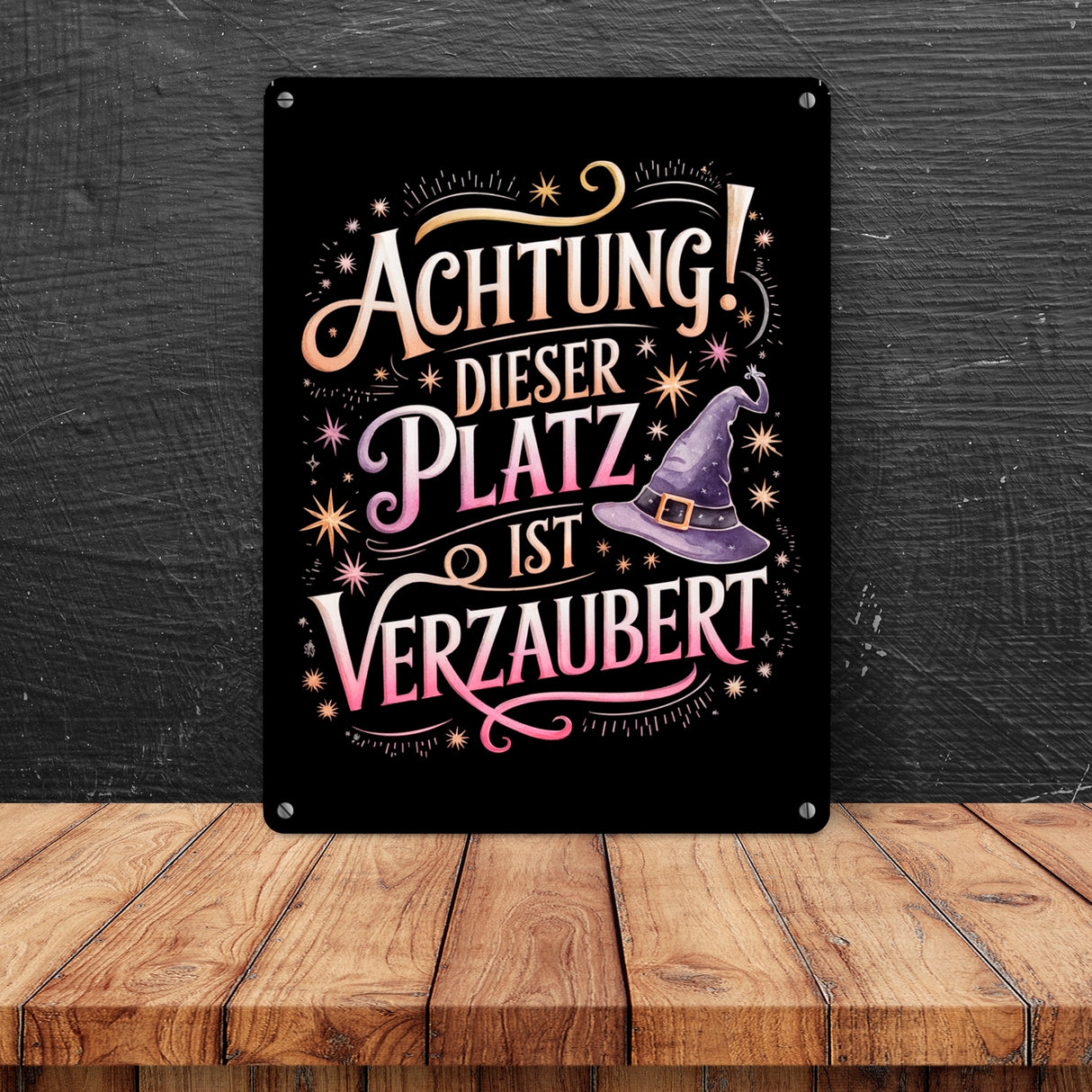 Achtung Platz ist verzaubert Metallschild in 15x20 cm Hexenhut