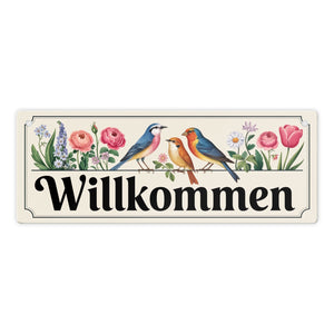 Vögel und Blumen Willkommen Metallschild - Frühling