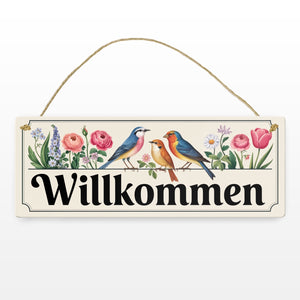 Vögel und Blumen Willkommen Metallschild - Frühling