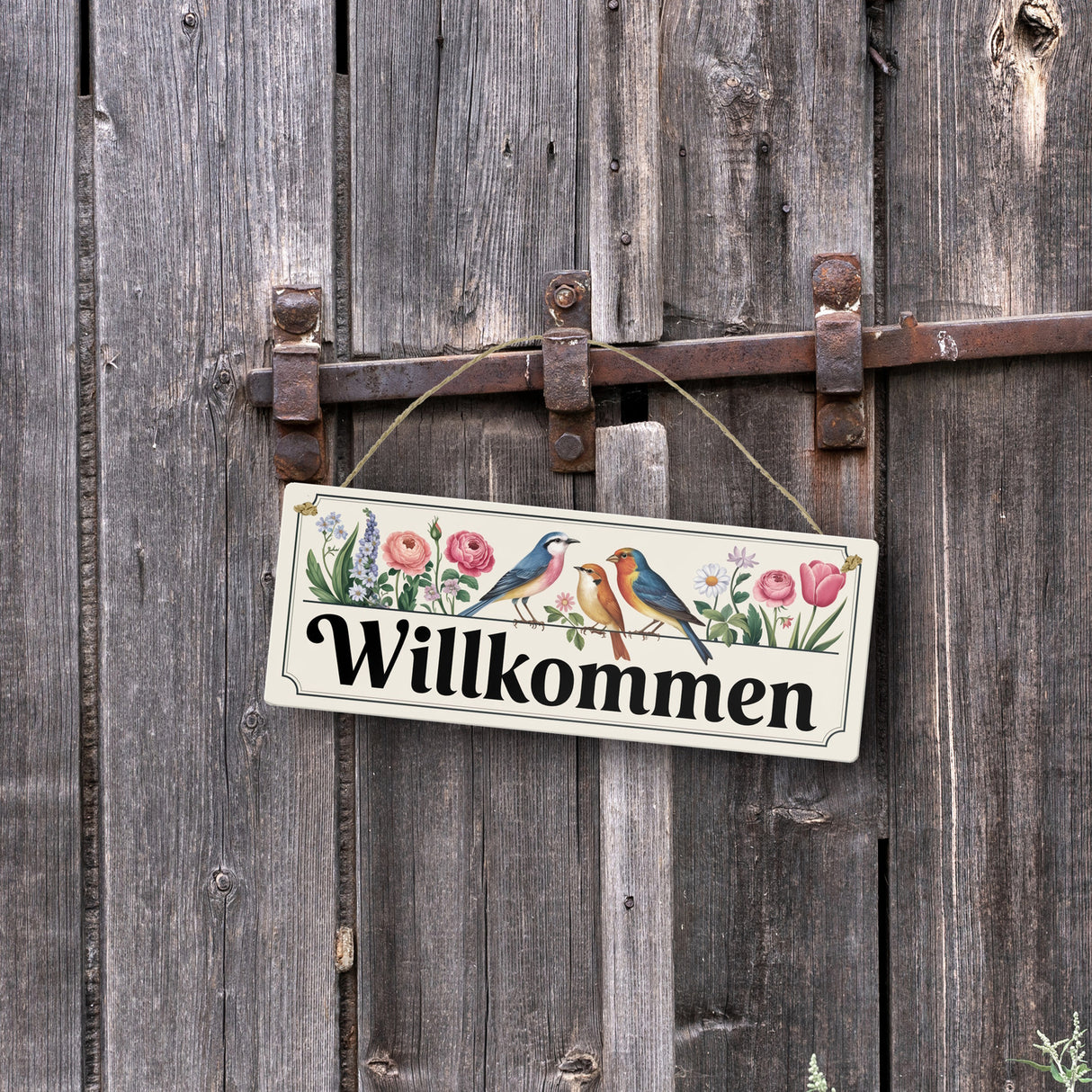 Vögel und Blumen Willkommen Metallschild - Frühling
