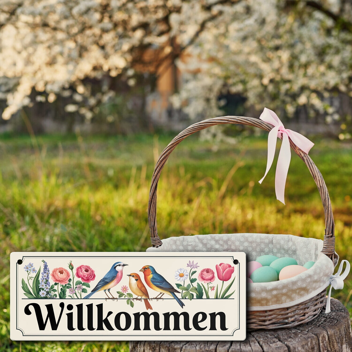 Vögel und Blumen Willkommen Metallschild - Frühling