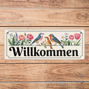 Vögel und Blumen Willkommen Metallschild - Frühling