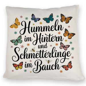 Frühlingsspruch Kissen mit Hummeln und Schmetterlingen