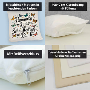 Frühlingsspruch Kissen mit Hummeln und Schmetterlingen