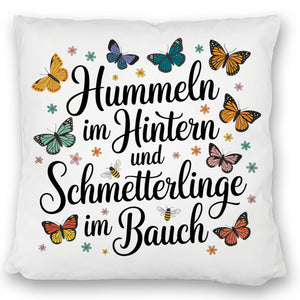 Frühlingsspruch Kissen mit Hummeln und Schmetterlingen