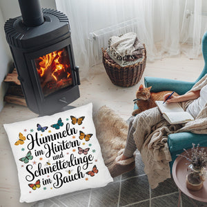 Frühlingsspruch Kissen mit Hummeln und Schmetterlingen