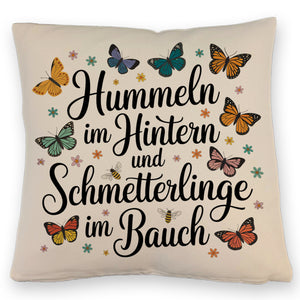Frühlingsspruch Kissen mit Hummeln und Schmetterlingen