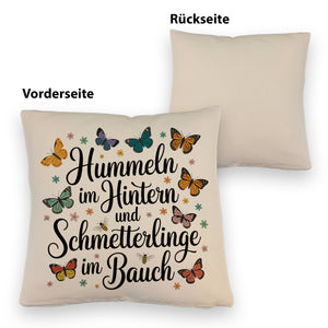 Frühlingsspruch Kissen mit Hummeln und Schmetterlingen