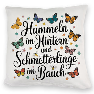 Frühlingsspruch Kissen mit Hummeln und Schmetterlingen