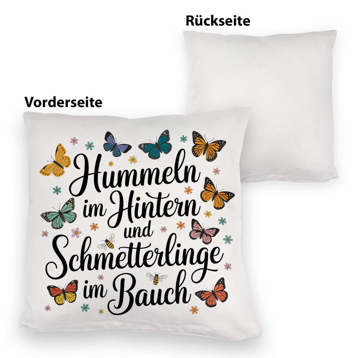 Frühlingsspruch Kissen mit Hummeln und Schmetterlingen