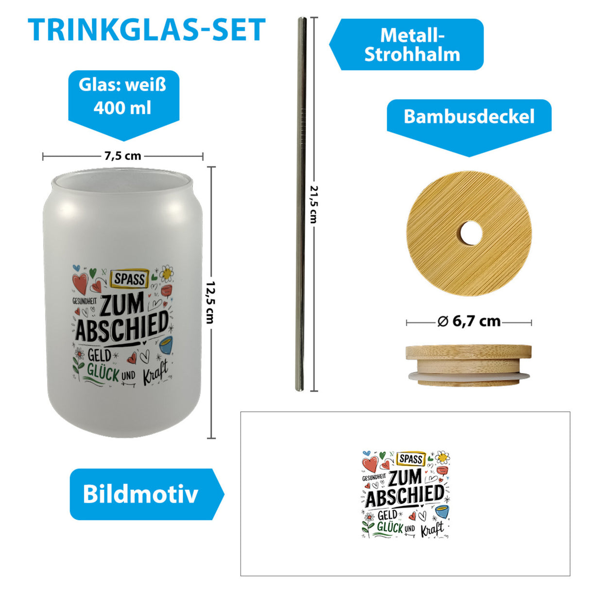 Wünsche Zum Abschied Trinkglas mit Bambusdeckel für Kollegen und Freunde