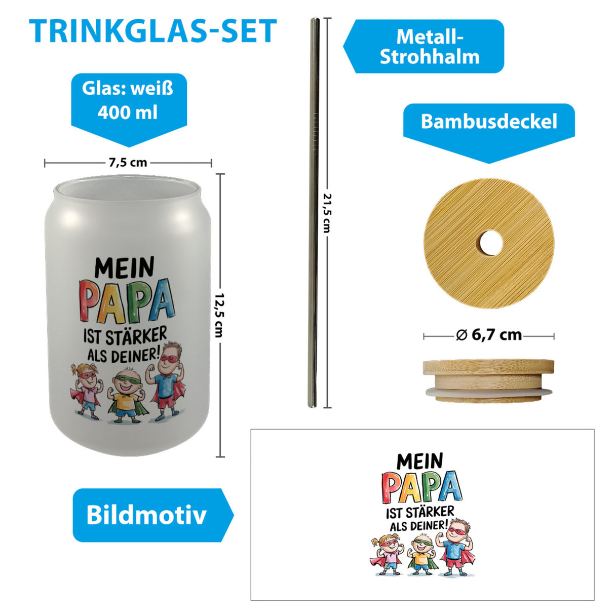 Mein Papa ist der stärkste Superheld Trinkglas mit Bambusdeckel
